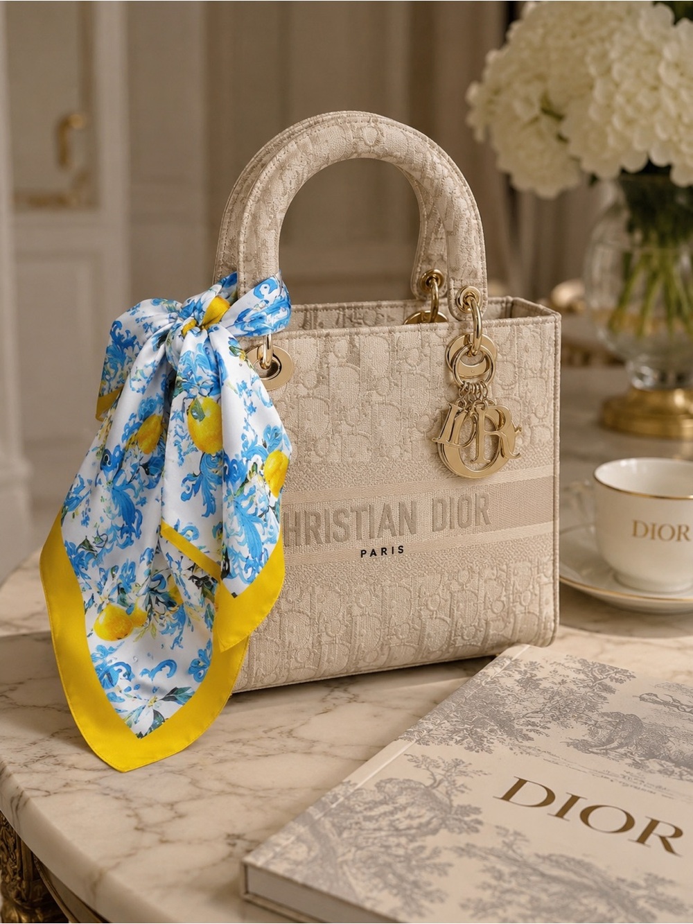 Lemon Print Silk Feel Square Scarf | Blue & Yellow Mediterranean Coastal Chic - Picture 2 of 4